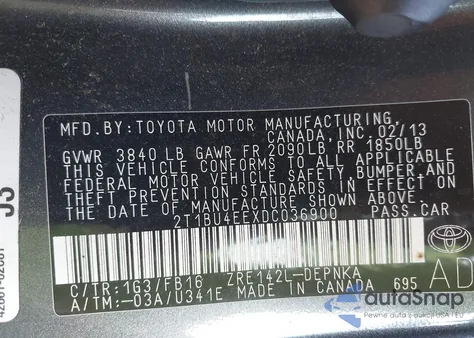 2013 Toyota Corolla Le z USA, uszkodzony, nr VIN 2T1BU4EEXDC036900